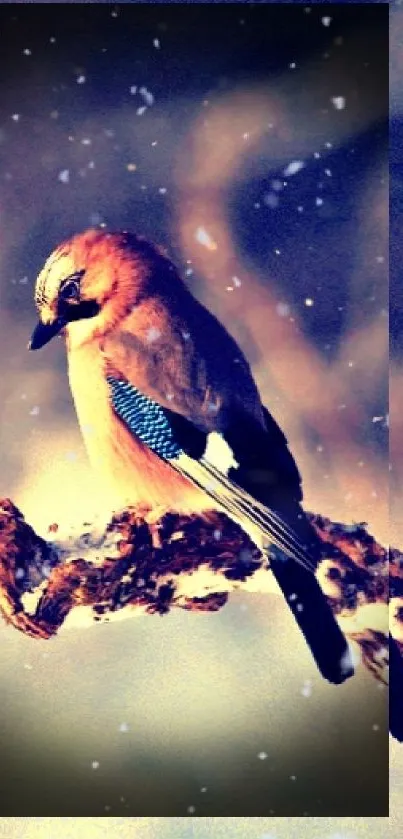 A bird perched on a branch in a snowy indigo winter scene, set in a mystical atmosphere.