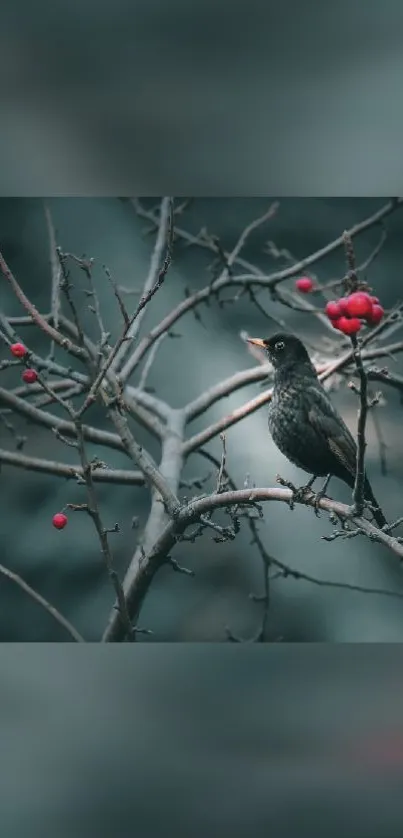 Bird perched on a branch with red berries in serene nature scene.