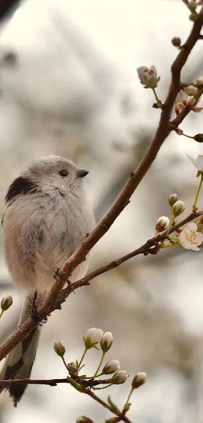 Bird perched on a branch with blossoming flowers against a soft background.