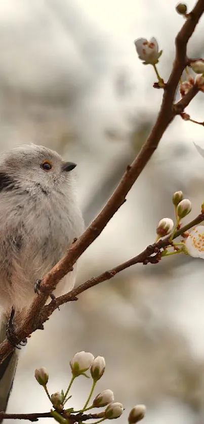 A small bird perched on a flower-filled branch in spring.