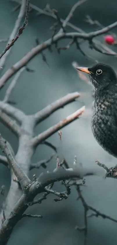 A serene bird perched on a branch against a slate gray backdrop.