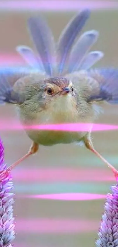 Bird perched on vibrant purple flowers, serene and colorful.