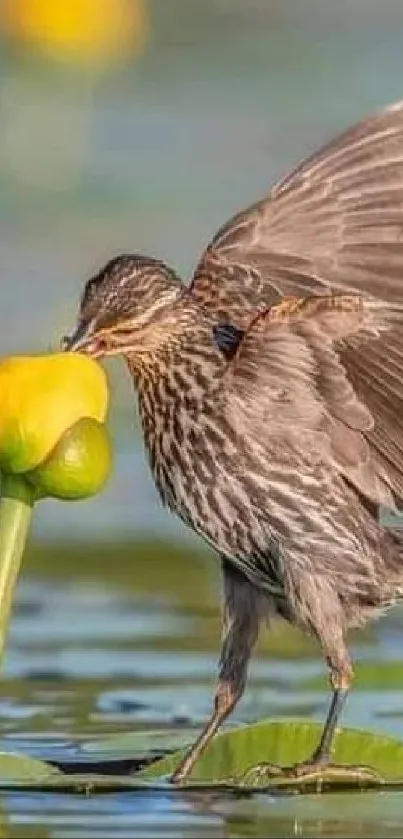 Bird resting on a yellow lotus in serene water scene.