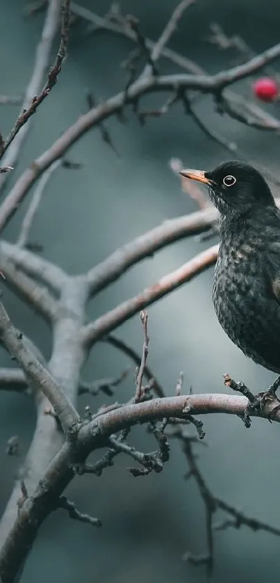 Bird perched on a branch with red berries in winter landscape.