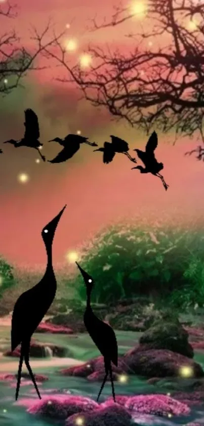 Silhouetted birds and sunset sky mobile wallpaper with glowing fireflies.