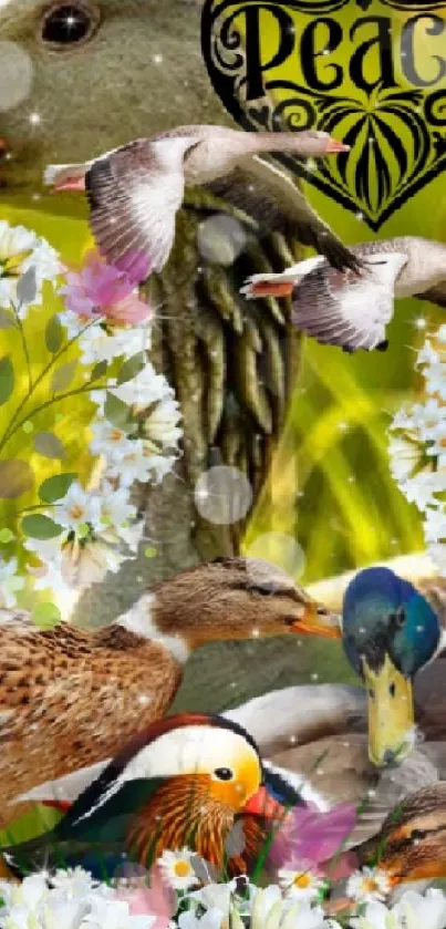 A serene wallpaper featuring ducks amid spring flowers with a green backdrop.