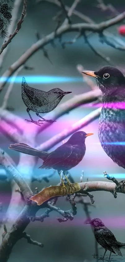 Birds perched on a branch with colorful light streaks in background.