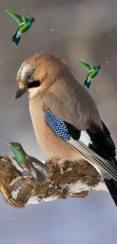 Birds perched on a branch with a muted background.