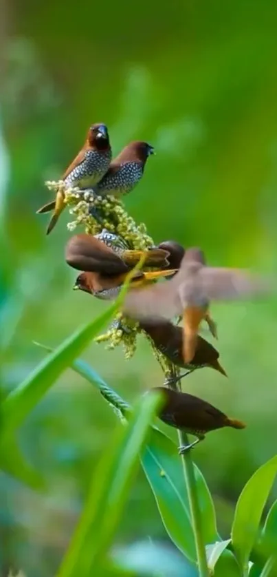 Colorful birds perched on lush greenery.