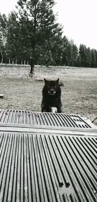 Black dog on wooden deck in monochrome forest scene.