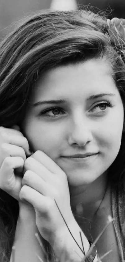 Black and white portrait of a girl with a serene expression, ideal for mobile wallpaper.