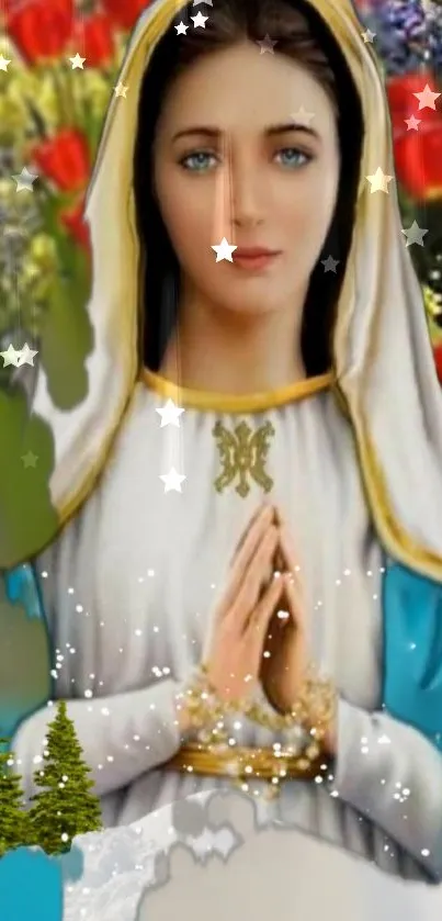 Serene wallpaper of the Blessed Lady surrounded by flowers and stars in a peaceful setting.