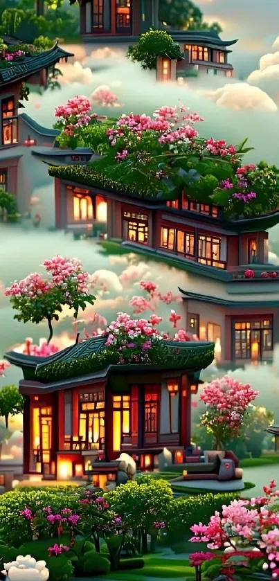Traditional Asian architecture amidst clouds and cherry blossoms.