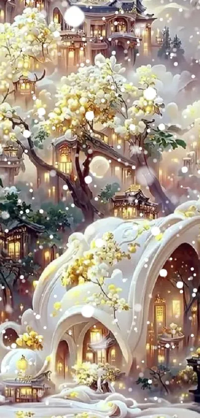 Serene fantasy landscape with blooming trees and ethereal architecture.