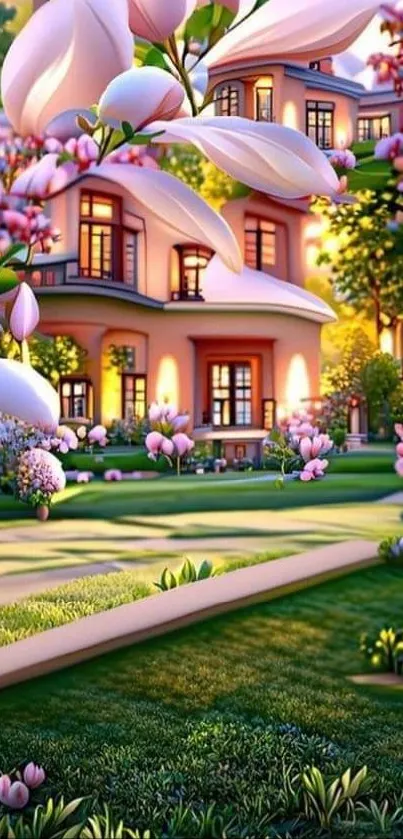 Serene garden with blooming pink magnolias and charming house.