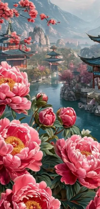 Beautiful wallpaper with pink peonies and Asian architecture set by a river.