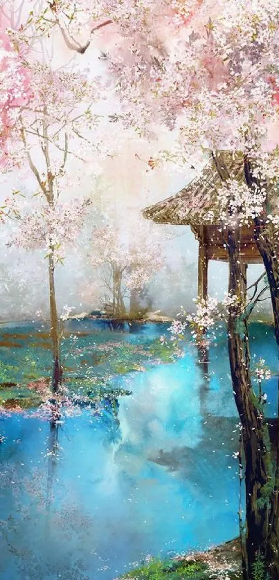 Serene garden wallpaper with blossoms and blue pond.