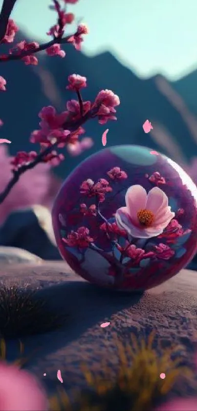 Glass sphere with pink blossoms in a serene landscape.