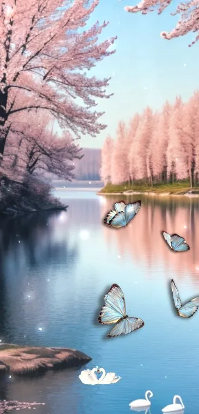 Cherry blossom trees with butterflies over a serene lake.