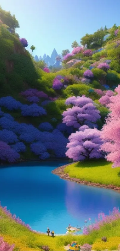 Serene lake framed by vivid purple and pink blossoms under a clear blue sky.