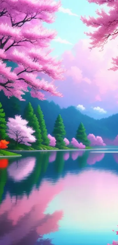 Serene lake bordered by blossoming pink trees.