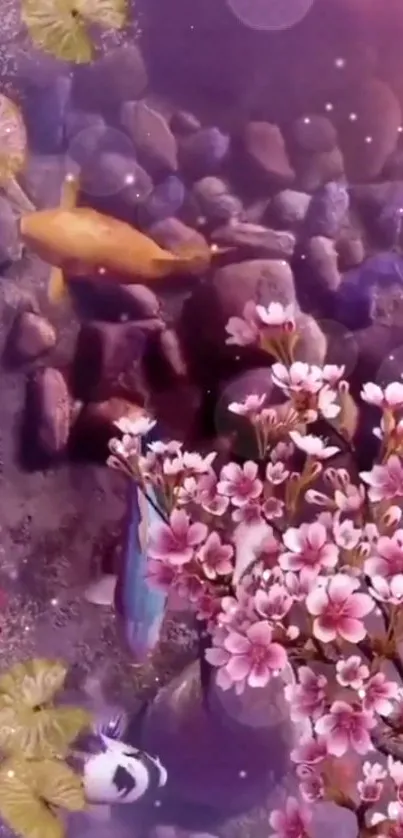 Cherry blossoms and koi fish in a serene, purple-toned pond.