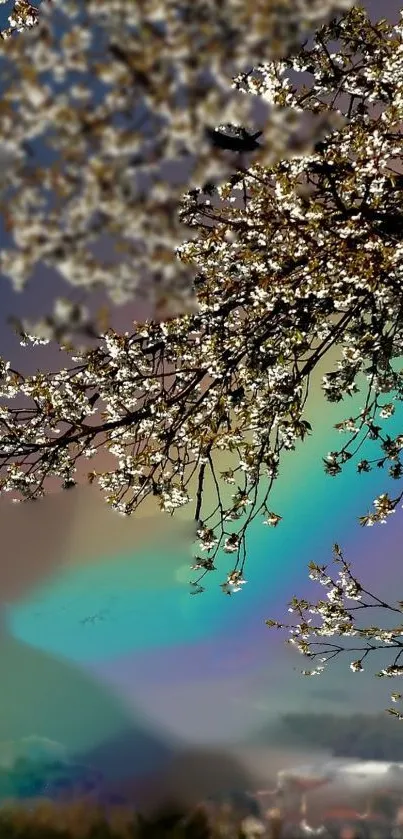 Blossom tree branches with rainbow background.