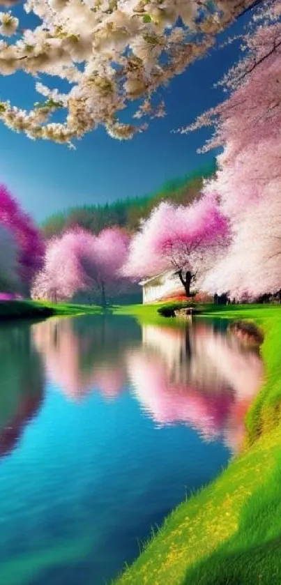 Serene landscape with cherry blossoms reflected in a calm river