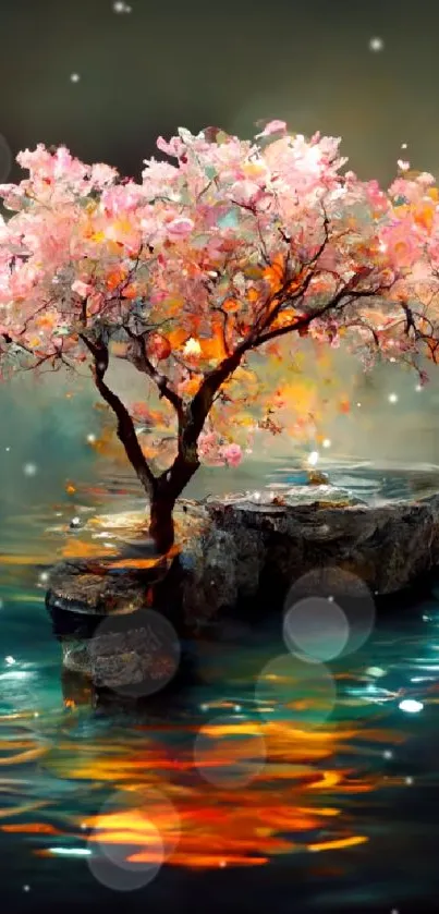 Vibrant pink blossom tree on serene water background.