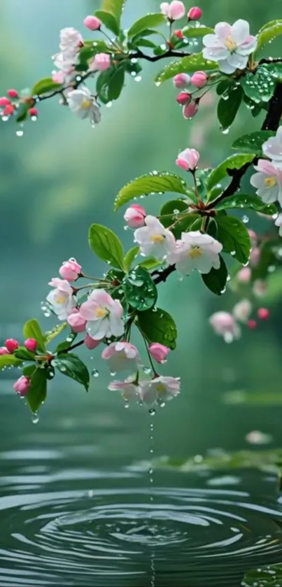 Blossoming flowers and water reflection in serene nature wallpaper.