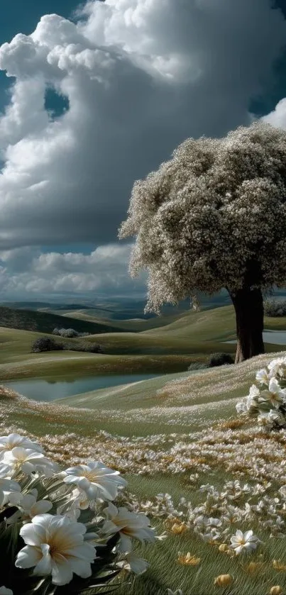 Tranquil landscape with tree and flowers under a cloudy sky.