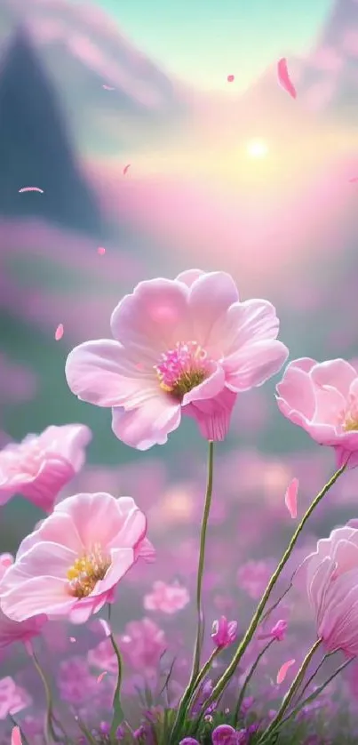 Mobile wallpaper with pink flowers in a sunrise landscape.