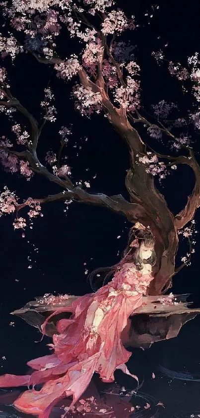 Serene artwork of a tree with blossoms and figure under a night sky.