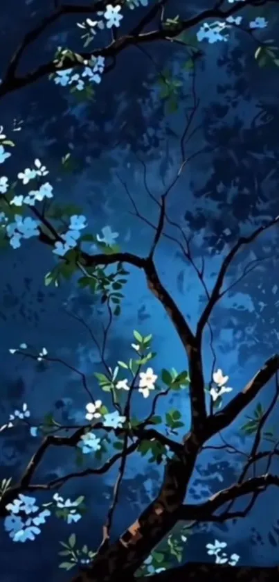 Artistic depiction of blossoming branches against a deep blue night sky.