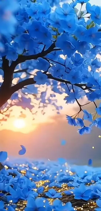 Blue blossom tree under a vibrant sunset.