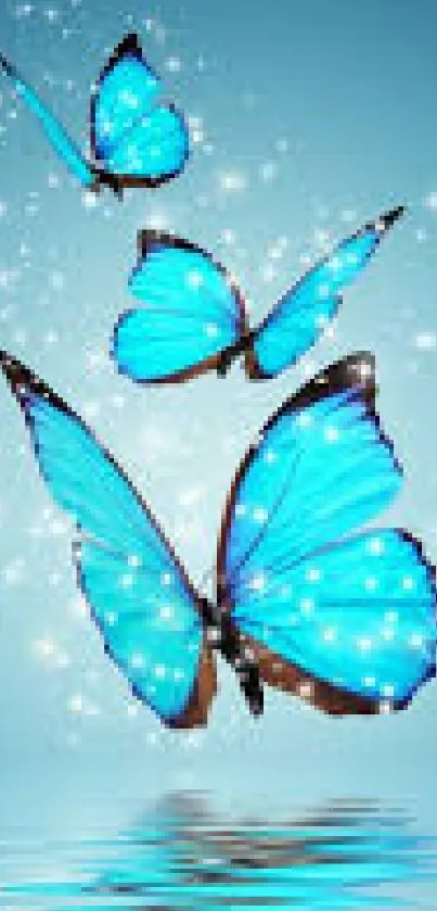 Blue butterflies fluttering over water with sparkles.