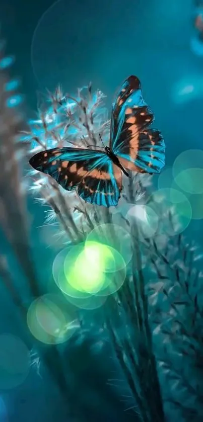 Blue butterfly resting on foliage with vibrant turquoise and green hues.