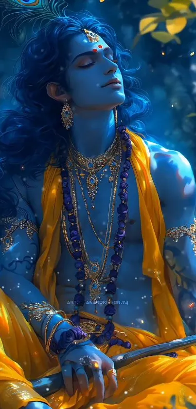 Blue deity surrounded by golden hues, exuding serenity and divinity.