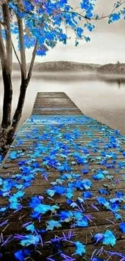 A serene blue lake with leaves on a misty pier.