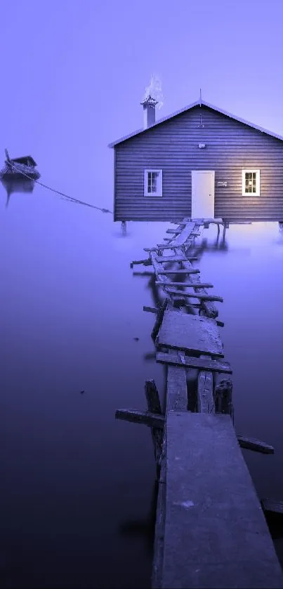 Serene blue lakeside cabin with misty dock and boat.