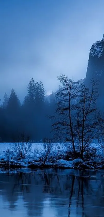 Tranquil blue landscape with forest and water under evening sky.