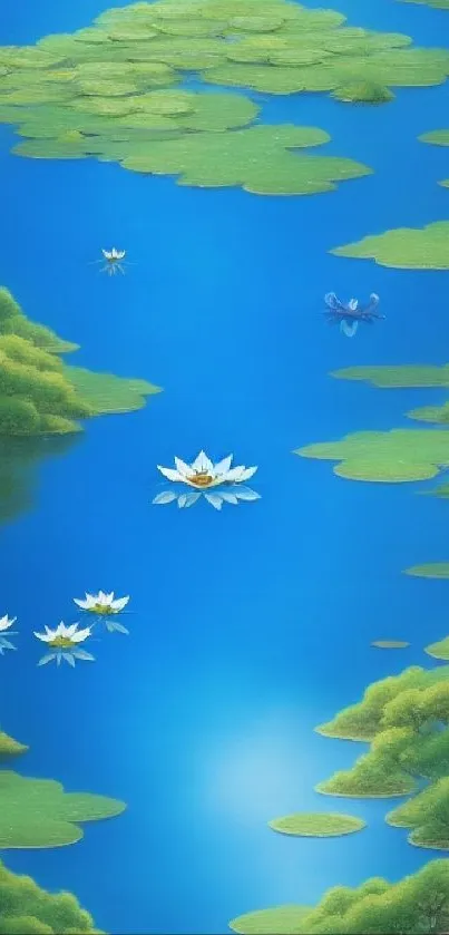 A calming blue lotus mobile wallpaper with green water lilies and serene nature elements.