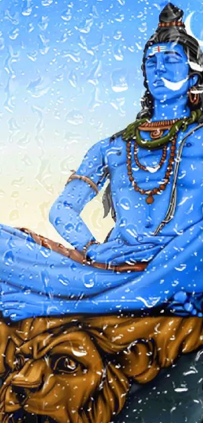 Meditative figure in vibrant blue on rock with serene sky backdrop.