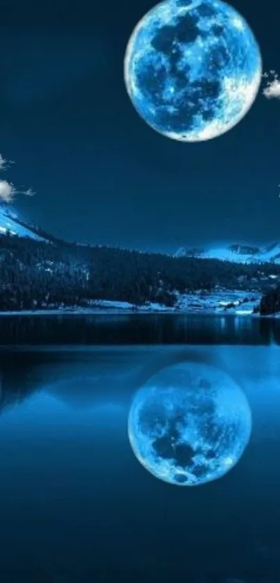 Blue moon reflecting over a tranquil lake with misty mountains.