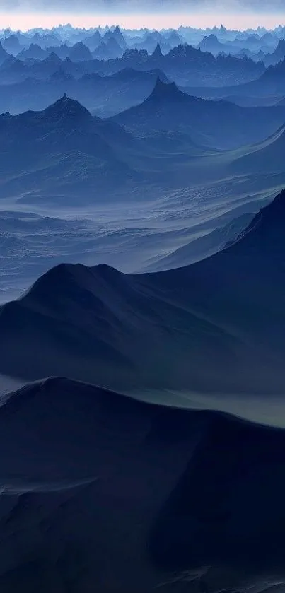 Dark blue mountain landscape with misty peaks and serene ambiance.