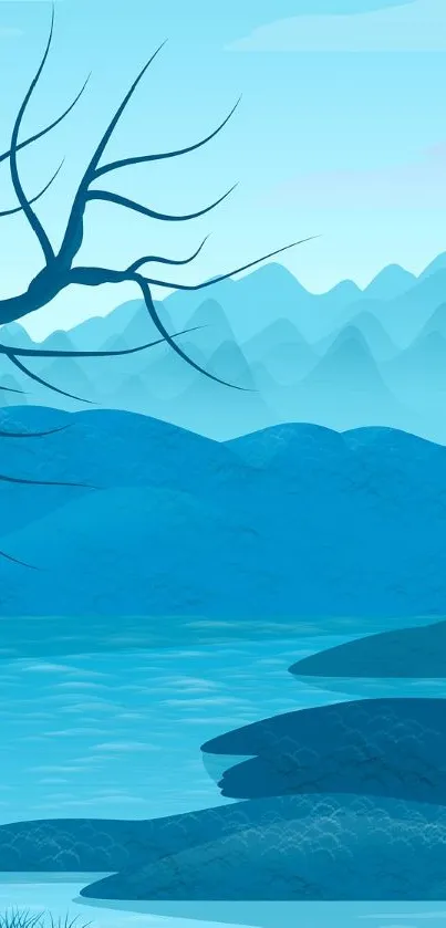 Serene blue mountain landscape with lake and silhouette tree branches.