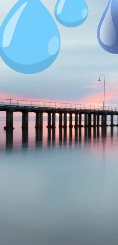 Serene pier at sunset with blue raindrops wallpaper.