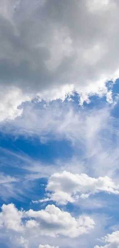 Serene blue sky with fluffy clouds, perfect for a calming mobile wallpaper.