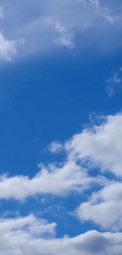 A bright blue sky with fluffy white clouds.