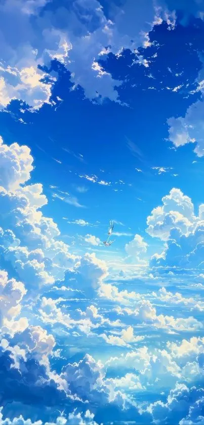 Blue sky with fluffy white clouds, creating a serene wallpaper.